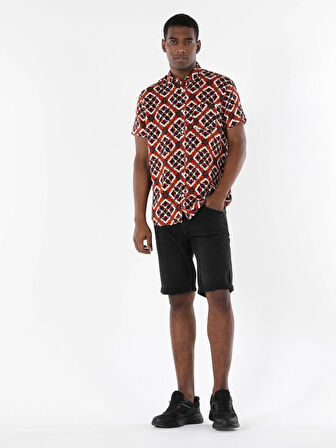 Regular Fit Shirt Neck Desenli Turuncu Erkek Kısa Kol Gömlek