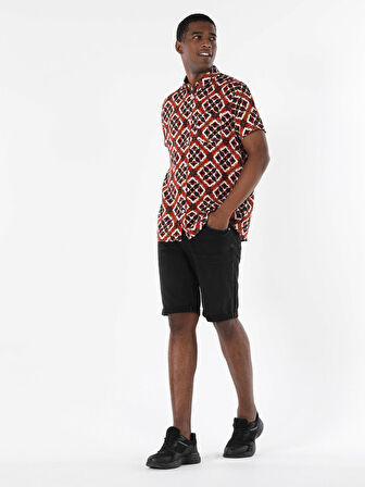 Regular Fit Shirt Neck Desenli Turuncu Erkek Kısa Kol Gömlek