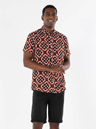 Regular Fit Shirt Neck Desenli Turuncu Erkek Kısa Kol Gömlek