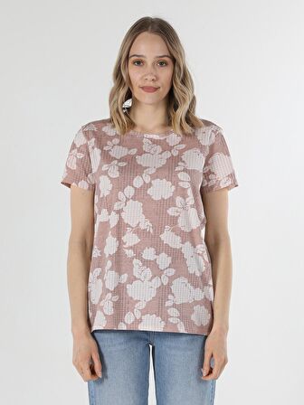 Regular Fit Bisiklet Yaka Baskılı Pembe Kadın Kısa Kol Tişört