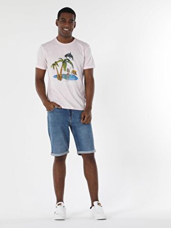 Regular Fit Bisiklet Yaka Baskılı Pembe Erkek Kısa Kol Tişört