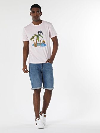 Regular Fit Bisiklet Yaka Baskılı Pembe Erkek Kısa Kol Tişört