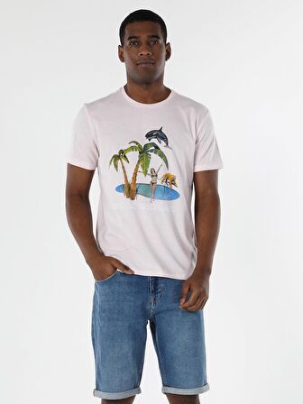 Regular Fit Bisiklet Yaka Baskılı Pembe Erkek Kısa Kol Tişört