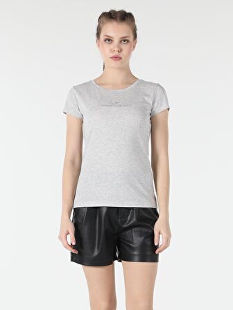 Regular Fit Bisiklet Yaka Baskılı Kadın Kısa Kol Tişört