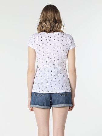 Slim Fit Bisiklet Yaka Baskılı Beyaz Kadın Kısa Kol Tişört