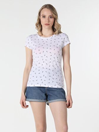 Slim Fit Bisiklet Yaka Baskılı Beyaz Kadın Kısa Kol Tişört