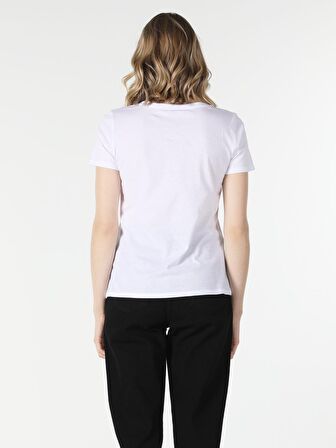 Regular Fit Bisiklet Yaka Baskılı Beyaz Kadın Kısa Kol Tişört