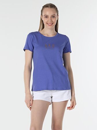 Regular Fit Bisiklet Yaka Basic Mor Kadın Kısa Kol Tişört