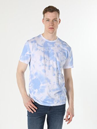 Comfort Fit Bisiklet Yaka Desenli Mavi Erkek Kısa Kol Tişört