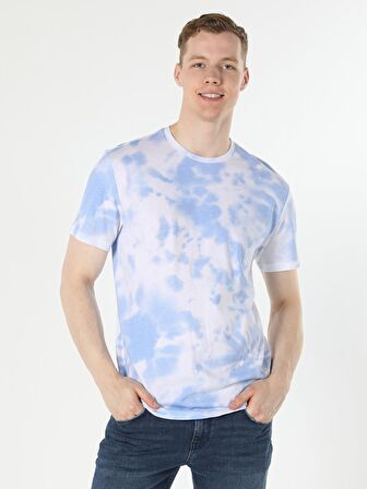 Comfort Fit Bisiklet Yaka Desenli Mavi Erkek Kısa Kol Tişört