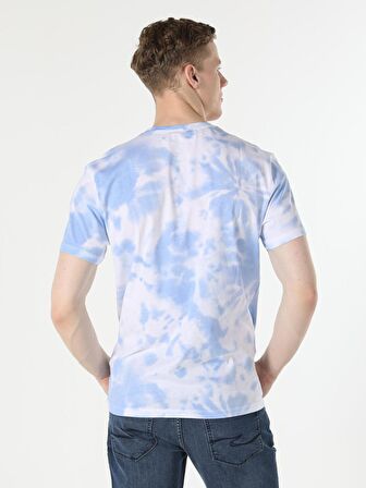 Comfort Fit Bisiklet Yaka Desenli Mavi Erkek Kısa Kol Tişört
