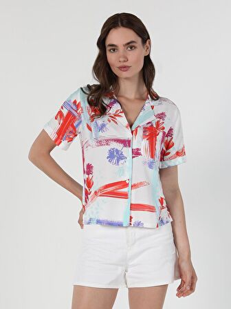Regular Fit Baskılı Kadın Çok Renkli Kısa Kol Gömlek