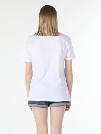 Comfort Fit Bisiklet Yaka Baskılı Beyaz Kadın Kısa Kol Tişört