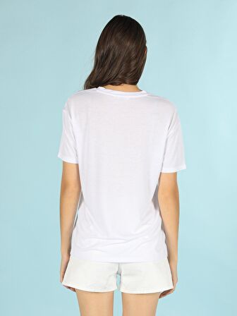 Comfort Fit Bisiklet Yaka Baskılı Kadın Beyaz Kısa Kol Tişört