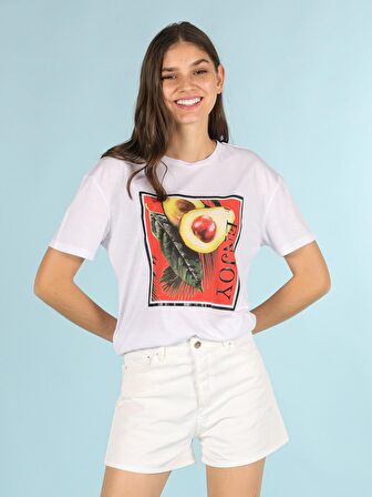 Comfort Fit Bisiklet Yaka Baskılı Kadın Beyaz Kısa Kol Tişört