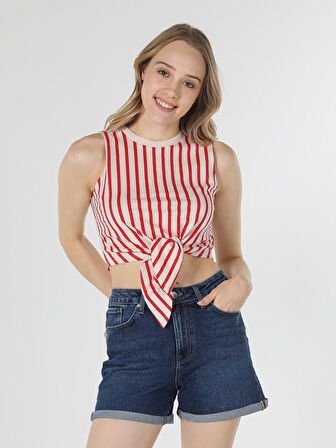Regular Fit Çizgili Crop Kadın Kırmızı Atlet