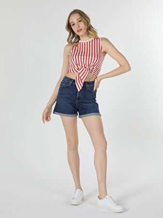 Regular Fit Çizgili Crop Kadın Kırmızı Atlet