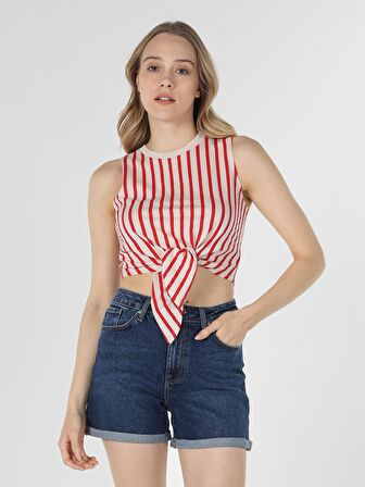 Regular Fit Çizgili Crop Kadın Kırmızı Atlet