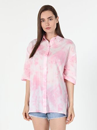 Relaxed Fit Desenli Kadın Pembe Kısa Kol Gömlek