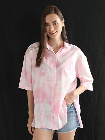 Relaxed Fit Desenli Kadın Pembe Kısa Kol Gömlek