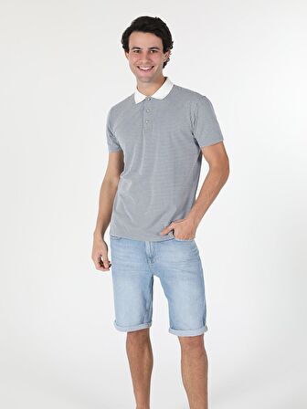 Regular Fit Polo Yaka Kareli Erkek Mavi Kısa Kol Tişört