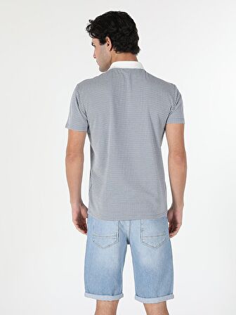 Regular Fit Polo Yaka Kareli Erkek Mavi Kısa Kol Tişört