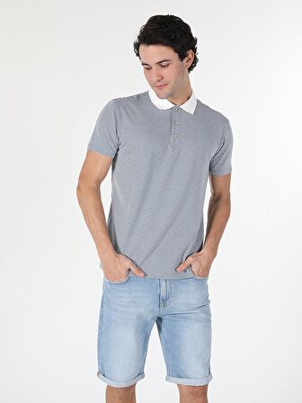 Regular Fit Polo Yaka Kareli Erkek Mavi Kısa Kol Tişört
