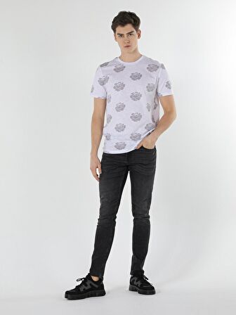 Regular Fit Bisiklet Yaka Baskılı Beyaz Erkek Kısa Kol Tişört