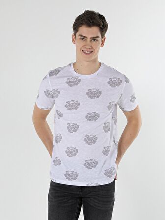 Regular Fit Bisiklet Yaka Baskılı Beyaz Erkek Kısa Kol Tişört