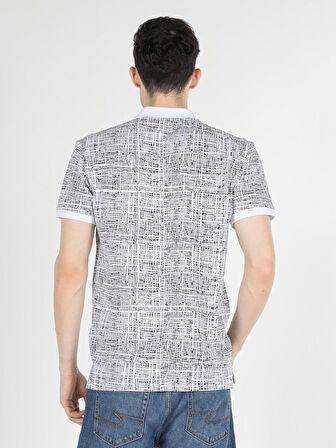 Regular Fit Polo Yaka Baskılı Erkek Beyaz Kısa Kol Tişört
