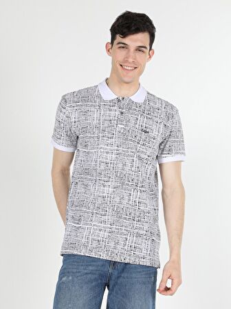 Regular Fit Polo Yaka Baskılı Erkek Beyaz Kısa Kol Tişört