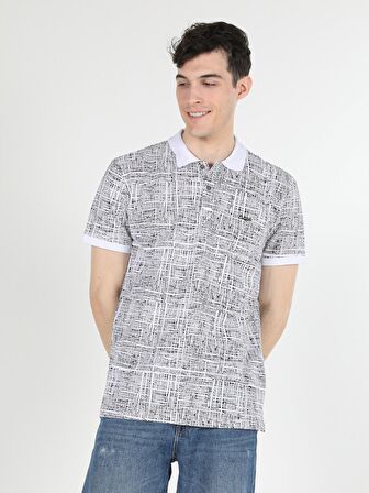 Regular Fit Polo Yaka Baskılı Erkek Beyaz Kısa Kol Tişört