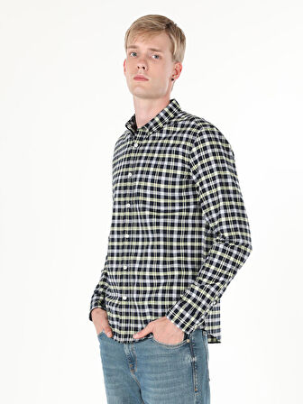 Slim Fit Kareli Lacivert Erkek Uzun Kol Gömlek