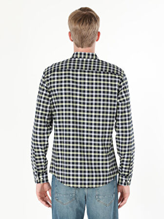Slim Fit Kareli Lacivert Erkek Uzun Kol Gömlek