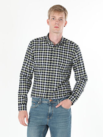Slim Fit Kareli Lacivert Erkek Uzun Kol Gömlek