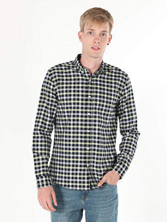 Slim Fit Kareli Lacivert Erkek Uzun Kol Gömlek