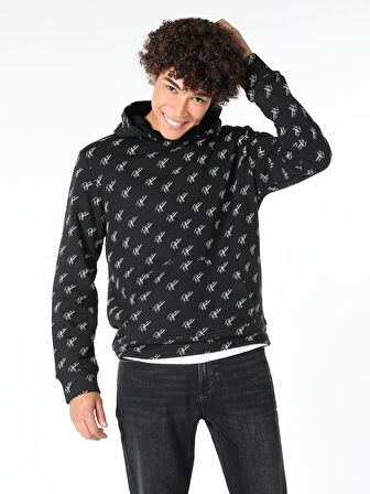 Regular Fit Baskılı Kapüşonlu Siyah Erkek Sweatshirt