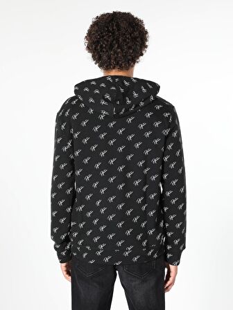 Regular Fit Baskılı Kapüşonlu Siyah Erkek Sweatshirt