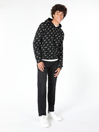 Regular Fit Baskılı Kapüşonlu Siyah Erkek Sweatshirt