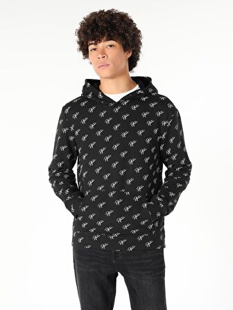 Regular Fit Baskılı Kapüşonlu Siyah Erkek Sweatshirt