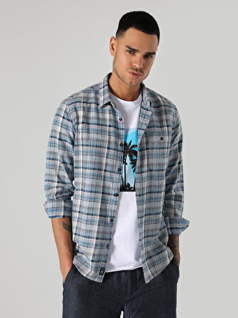 Slim Fit Kareli Mavi Erkek Uzun Kol Gömlek