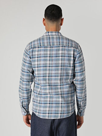 Slim Fit Kareli Mavi Erkek Uzun Kol Gömlek