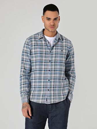 Slim Fit Kareli Mavi Erkek Uzun Kol Gömlek