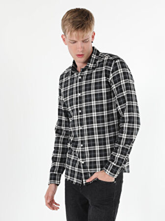 Slim Fit Kareli Siyah Erkek Uzun Kol Gömlek