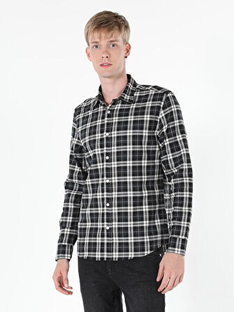 Slim Fit Kareli Siyah Erkek Uzun Kol Gömlek