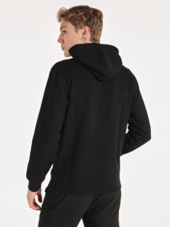 Regular Fit Baskılı Kapüşonlu Siyah Erkek Sweatshirt