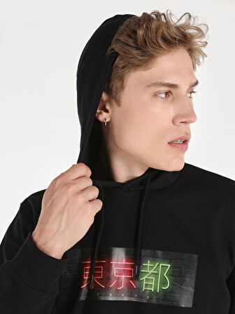 Regular Fit Baskılı Kapüşonlu Siyah Erkek Sweatshirt