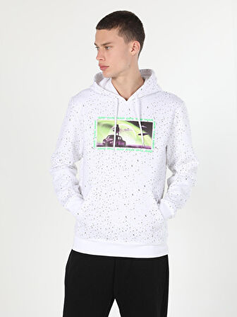 Regular Fit Kapüşonlu Baskılı Beyaz Erkek Sweatshirt