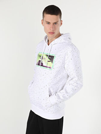 Regular Fit Kapüşonlu Baskılı Beyaz Erkek Sweatshirt