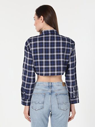 Regular Fit Kareli Crop Lacivert Kadın Uzun Kol Gömlek